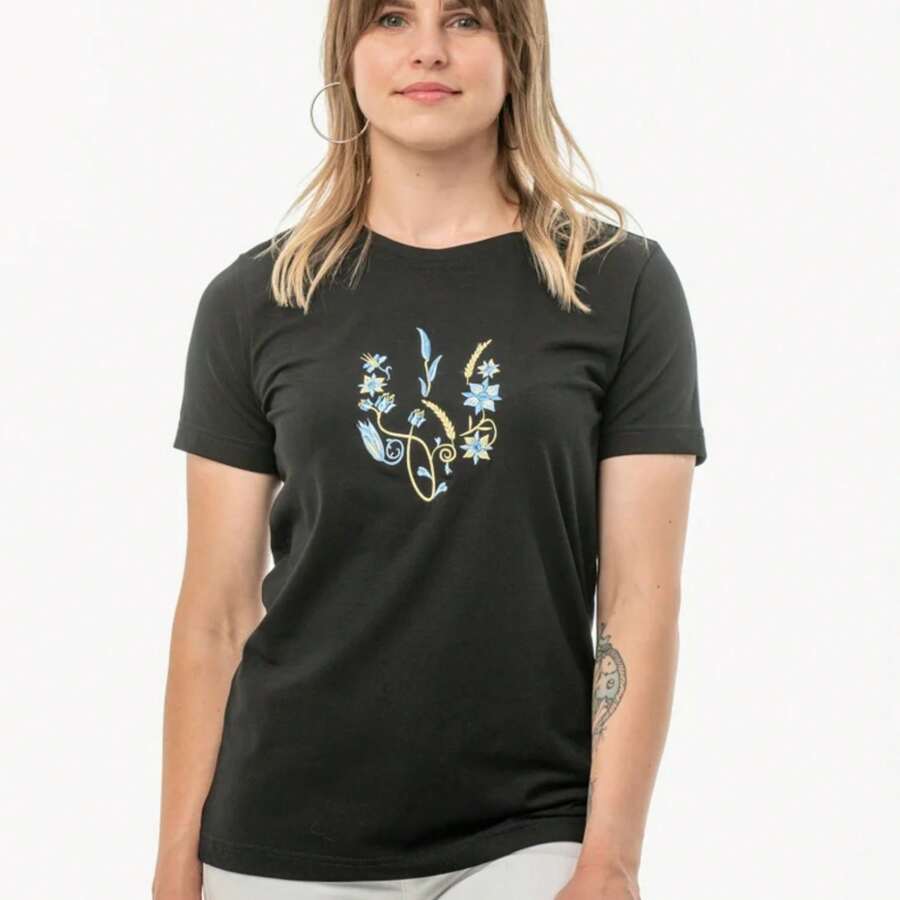 Ukraine Cotton T-Shirt For Women, T-Shirt With Embroidery Picturesque Trident Black, Ukrainian Trident T-Shirt, Support Ukraine - 黑色 - 查看 1