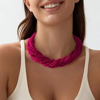 1pc Boho Multilayer Pearl Necklace, Elegant Minimalist Sexy Choker Necklace, Sweet Elegant Collarbone Chain, Brown, Rose Red, Black, White, Gifts For Ladies