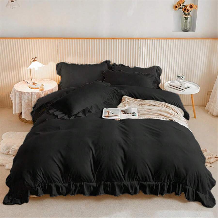 3 Pieces Black Ruffle Bedding Set With 2 Pillowcase Frills Duvet Cover With Zipper Closure Soft Microfiber Duvet Cover Set Single Double King Size
