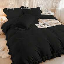 3 Pieces Black Ruffle Bedding Set With 2 Pillowcase Frills Duvet Cover With Zipper Closure Soft Microfiber Duvet Cover Set Single Double King Size - Black - View 6