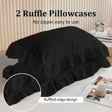 3 Pieces Black Ruffle Bedding Set With 2 Pillowcase Frills Duvet Cover With Zipper Closure Soft Microfiber Duvet Cover Set Single Double King Size - Black - View 5