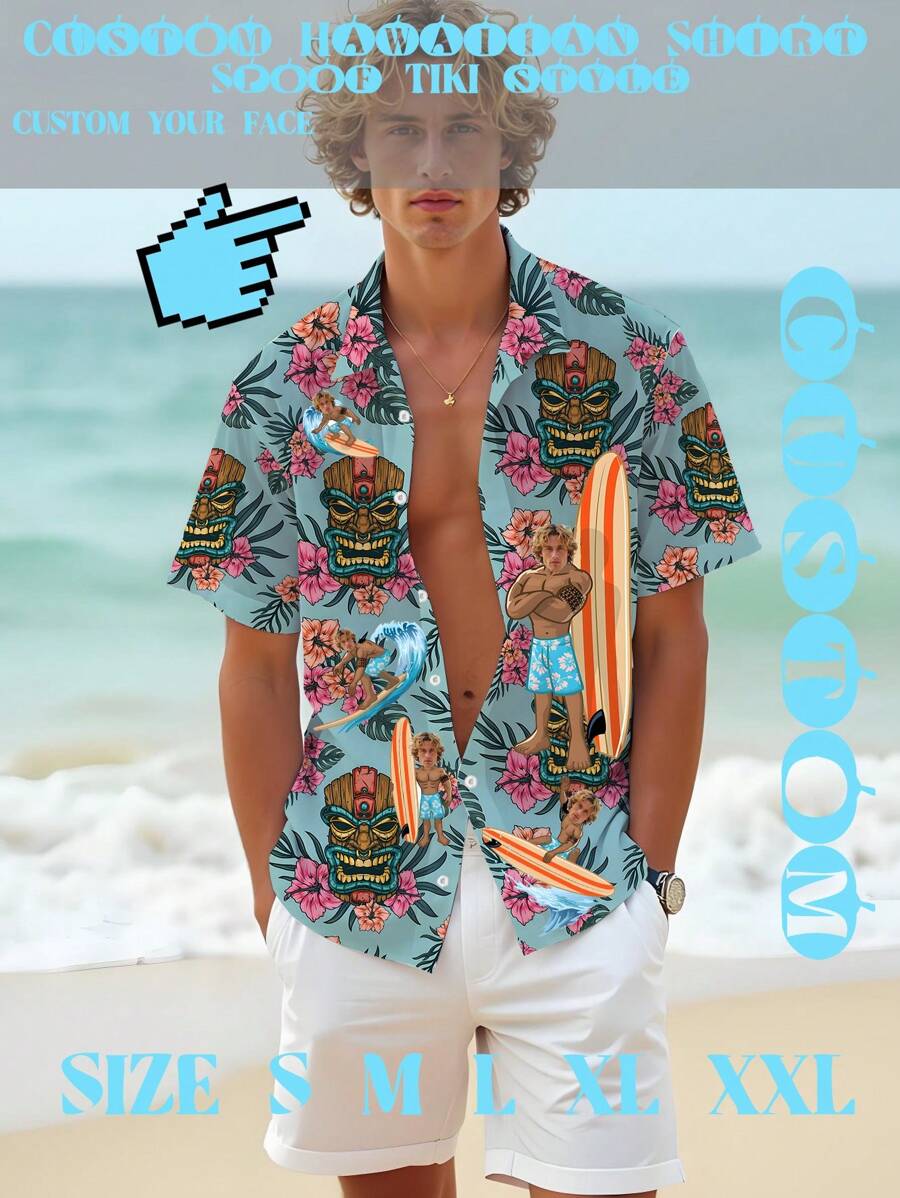 Camisa hawaiana 2025 personalizada TIKI con cara para hombres y mujeres, regalo hawaiano personalizado para novia, novio, pareja, camisa tropical de abotonar para la playa - Azul Cadete - Ver 1