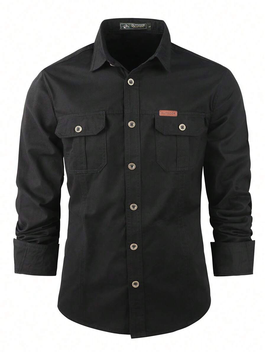 Men's Long Sleeve Military Shirt With Buttons - màu đen - Xem 1