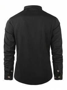 Men's Long Sleeve Military Shirt With Buttons - màu đen - Xem 3
