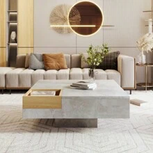 Coffee Table, Side Table, Modern Square Coffee Table For Living Room With Removable Storage Box, Concrete Gray And Wood Color, 72 X 72 X 30cm - White - View 5