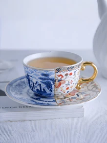 1 zestaw ceramicznych filiżanek do kawy i spodków z kolorowym szkliwem i niebiesko-białym wzorem porcelany, kreatywny wysokiej klasy design do domu, restauracji, salonu, spotkań w kawiarni