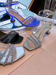 Women's Sandal With 3 Rhinestone Straps, Mid-Heel, Cup Style - Silver Metallic - View 10