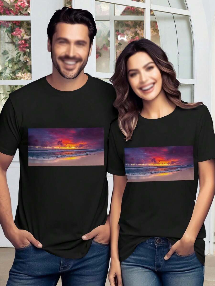 Perth Women's Valentine's Day T-Shirt North Beach Panoramic Design With Dramatic Sky Horizon