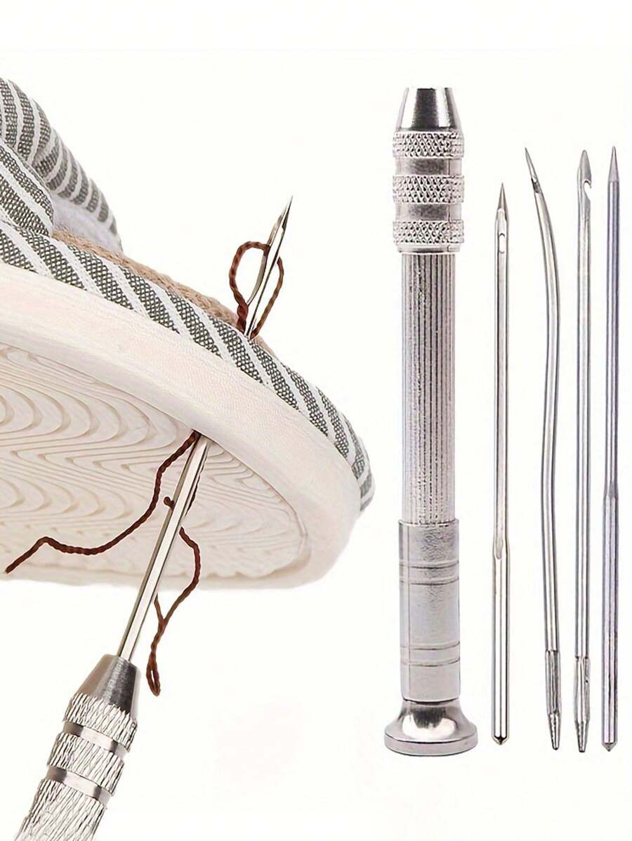 5件組多功能皮革縫紉錐套組,附可更換穿孔縫針,DIY皮革手工實用工具組;多功能鋼製DIY縫針錐套組,可更換針尖,適用於鞋子維修與皮革手工;DIY縫紉配件錐具 - 銀色 - View 1