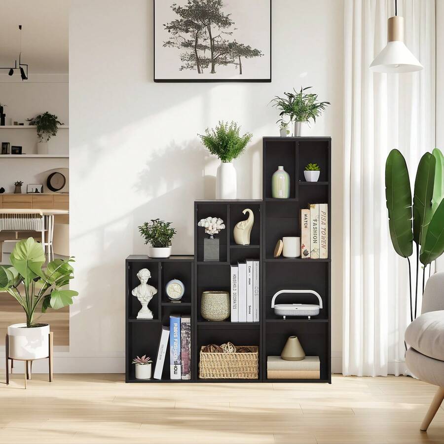 VECELO Storage Display Shelf, Bookcase With Height Difference Fits Tallest Hardcovers, Horizontal Available, Free Standing For Home Office - Black - View 1