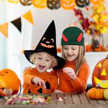 Halloween Slouchy Beanie Hat For Adult Kids Devil Horn Hat Cap Winter Warm Knitted Beanie Cuffed - 綠色帽紅角 - 查看 4