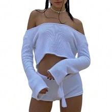 Women 2 Piece Knitted Outfits Set Stripe Printed Off Shoulder Long Sleeve Crop Top Sweater Drawstring Shorts Lounge Sets Beachwear Cover Ups - 白色 - 查看 5