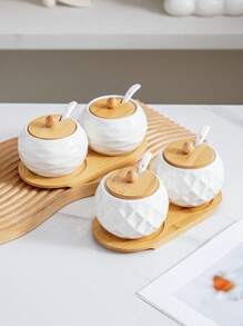 1 Set Ceramic Kitchen Storage Jars With Bamboo Wood Tray & Ceramic Spoon, Scandinavian Minimalist Japanese Style Creative Textured Dinnerware, Kitchen Storage Canisters, Diamond, Wavy, Bird Nest Pattern, Hotel Restaurant Home Kitchen Essentials, Round Bamboo Wood Lid Spice, Pepper, Salt, Sugar Seasoning Storage Jars