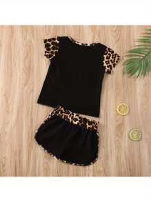 Conjunto de ropa con estampado de leopardo para bebé, camiseta de manga corta con cuello redondo y bolsillo para niña + pantalones cortos con cordón para verano. - Negro - Ver 7