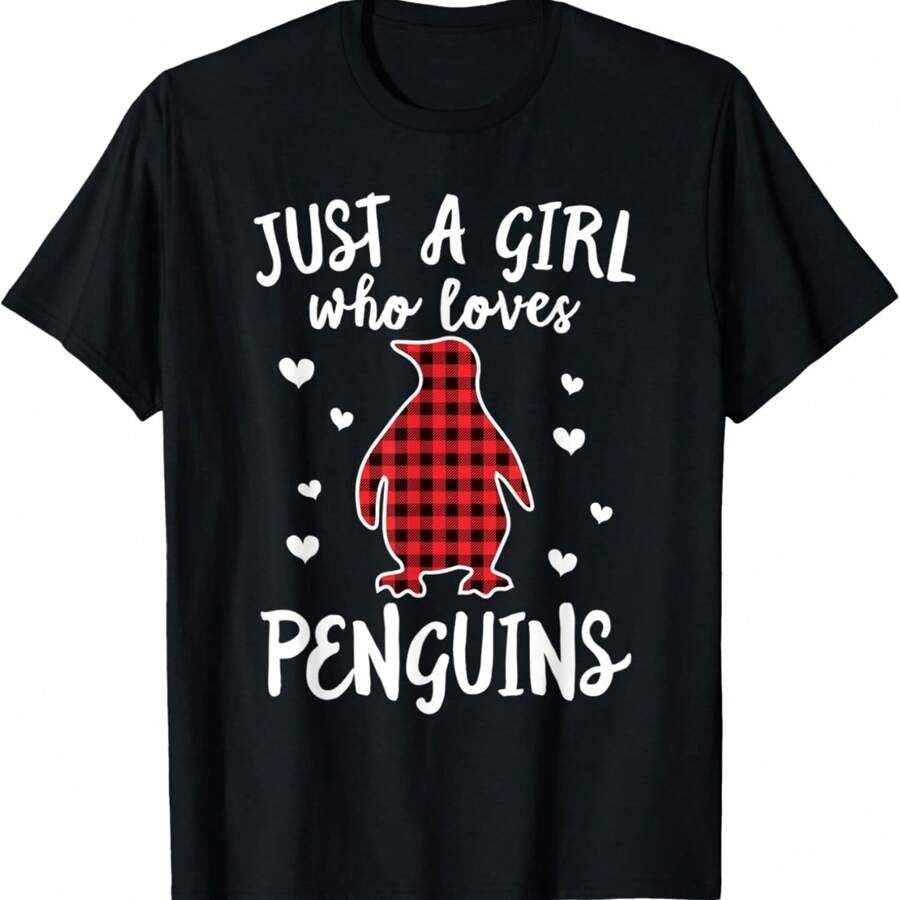 Just A Girl Who Loves Penguins Buffalo Plaid Christmas Gift T-Shirt