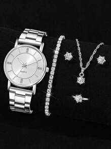 6 件/套，女士手表，时尚，银色钢表带石英表，带项链、手链、耳环、戒指、手表手链套装，适合日常佩戴，礼物 - 銀色 - 查看 2