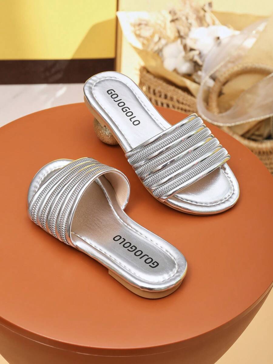 1 Pair Girls Flat Slides, Silver Casual Style, Round Toe, Zipper Striped, Versatile, Summer Wear, Everyday - Silver - View 1