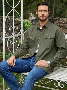 Men's Long Sleeve Military Shirt With Buttons - màu xanh lá - Xem 5