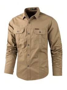 Men's Long Sleeve Military Shirt With Buttons - Khaki - View 2