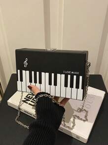 1 pièce Nouveau sac bandoulière mini stylé à imprimé piano, thème musical de fête. Sac à épaule carré avec motif de clavier de piano. Boucle et bandoulière en métal. Convient pour les fêtes musicales et en cadeau pour femmes. Boîte rigide peut ranger un téléphone