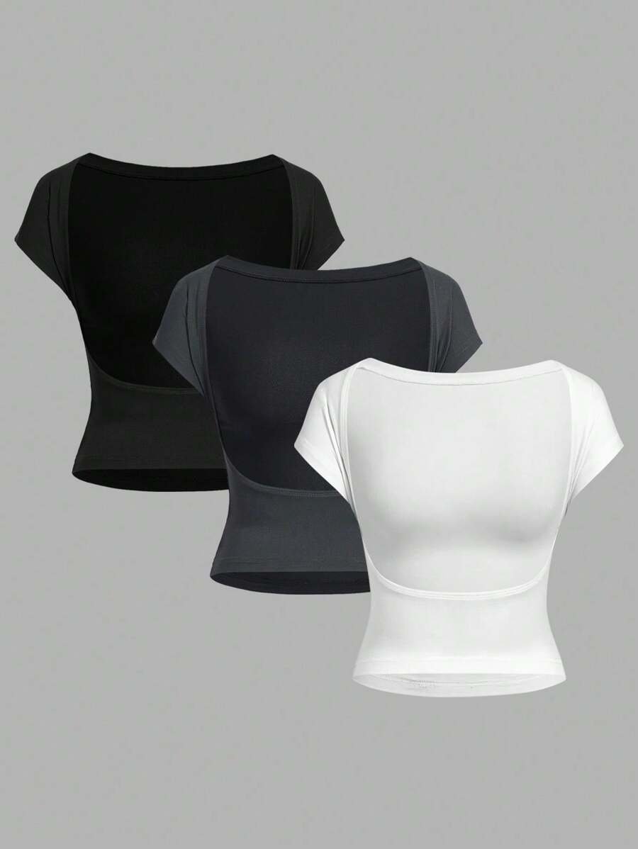 Kit 3 Cropped Feminino Nua Baby Tee Plain Casual - Gray, Black and White - View 1