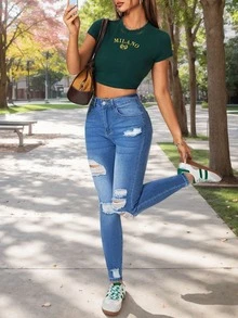 Vaqueros pitillo elásticos desgastados con estampado de bigotes de mujer de color azul, Jeans ajustados rotos para mujer, Pantalones de mezclilla lavados desgastados, estilo urbano, Pantalón vaquero desgastado desgarrado ajustado elástico azul claro lavado para mujer - Azul - Ver 7