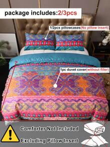 2/3pcs Bohemian Geometric Stripe Retro Print Polyester Duvet Cover Set, Fashion Vivid Bedding Set Suitable For All Seasons (1 Duvet Cover + 1/2 Pillowcase)