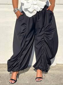 Plus Size Women Pocket Elastic Waist Drawstring Pants Ladies Ruffle Frill Wide Leg Cargo Combat Hippied Trousers Workwear Bottoms - Black - View 2
