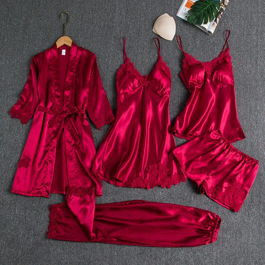 Conjunto de 5 piezas de seda helada para dormir - Rojo - Ver 1