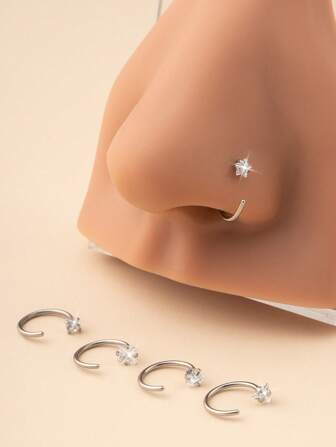 Wis قطعة واحدة/5 قطع خاتم أنف من الفولاذ المقاوم للصدأ 316 بتصميم راقي وأنيق بأشكال نجوم وقلب ومربع ومثلث ودائرة مرصعة بزركونيا مكعبة، مناسب للارتداء اليومي للنساء، اكسسوارات مجوهرات ثقب الجسم، هدية للأصدقاء