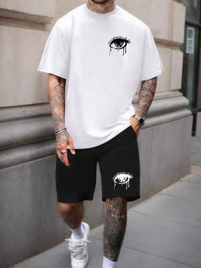 男士休闲运动套装，圆领短袖字母印花 T 恤和带口袋的松紧腰短裤，针织面料