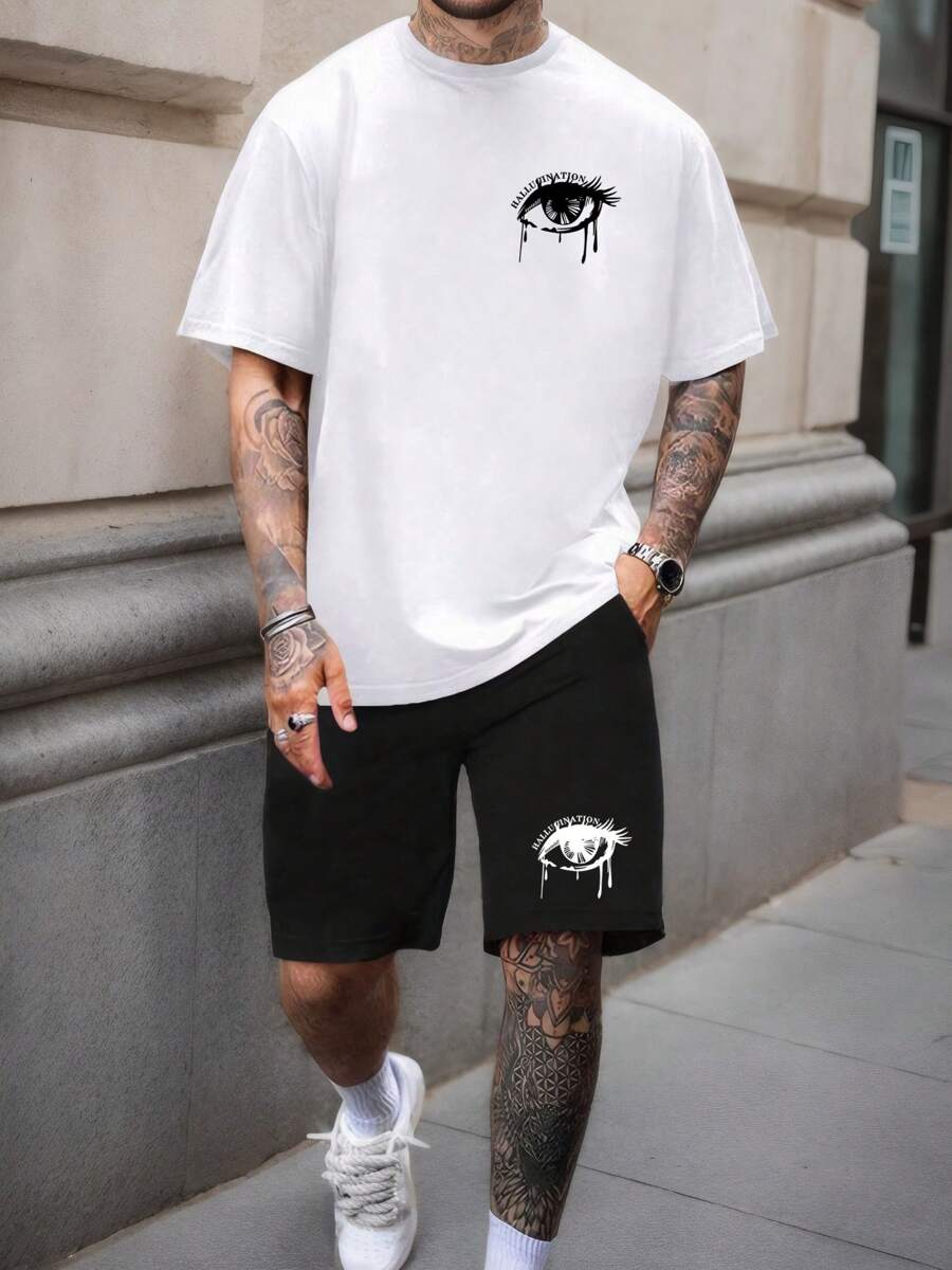 Conjunto deportivo casual para hombres, camiseta de manga corta cuello redondo con estampado de letras y pantalones cortos con elástico en la cintura y bolsillo, de tejido de punto