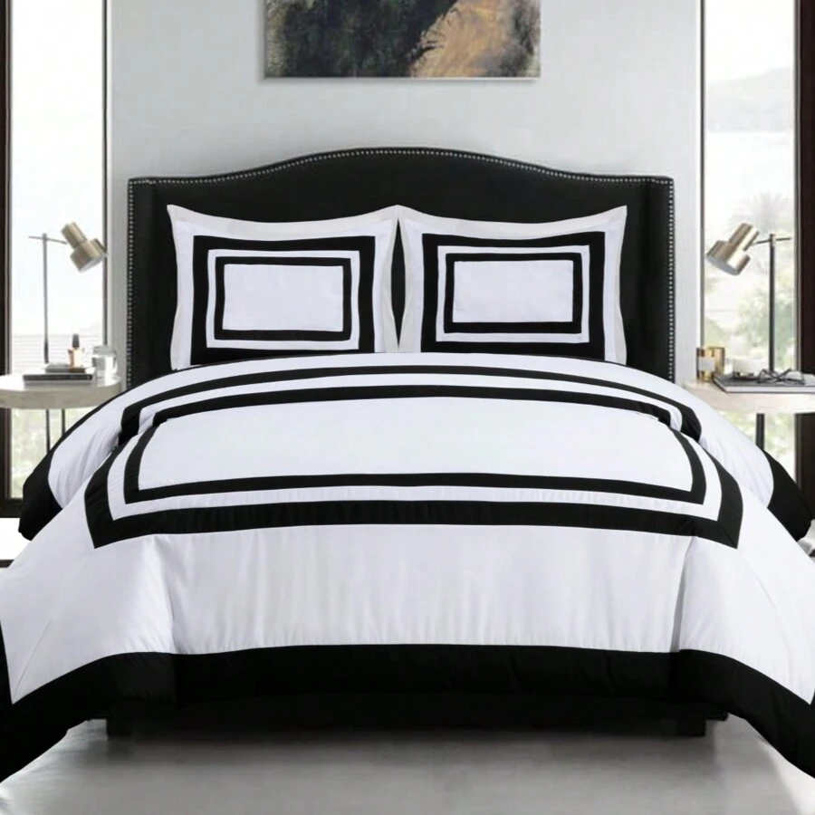 Wyatt 7-Piece Square Pattern Hotel Style Bed In A Bag Comforter Set With Bed Sheets - White/Black - View 1