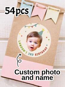 54/108/270/540pcs Kids Birthday Sticker Personalized Birthday Sticker Custom Kid Birthday Sticker, Birthday Photo Stickers. Personalized Stickers With Photo And Text For Your Guests' Gifts, Personalized Self-Adhesive Round Sticker Labels Suitable For Adults, Children Back To School