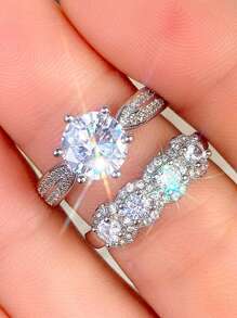 2件套S925和925纯银奢华闪亮戒指套装，优雅奢华女士派对戒指，精致珠宝礼物，周年纪念日、情人节送给女性的佳品 - 套戒 - 查看 3