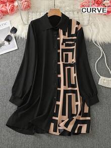 Plus Women's Printed Color Blocked Button Long Shirt - Black - View 1