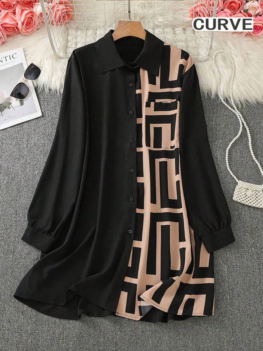 Plus Women's Printed Color Blocked Button Long Shirt - Black - View 1