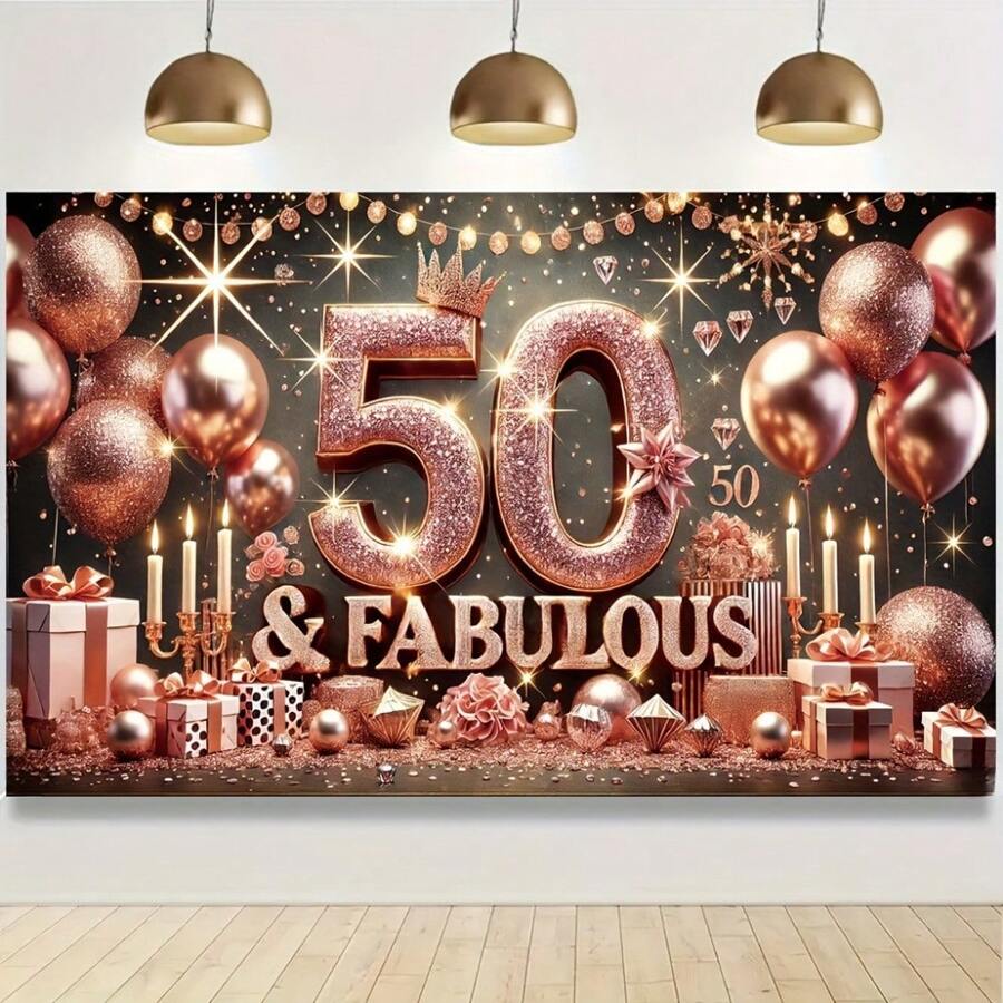 1pc Polyester 50th Birthday Banner, Elegant Pink Crown, Multi-Purpose Party Decor, No Electricity Needed, Photography & Outdoor Garden Patio Decoration - 1PCS - View 1