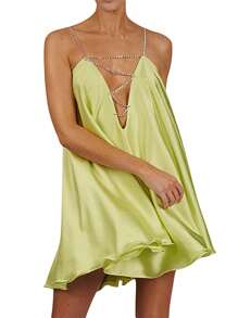 Womens Casual Chain Suspender Short Dress Fashion Solid Color Hollow V-neck A-line Dress - Amarillo - Ver 1