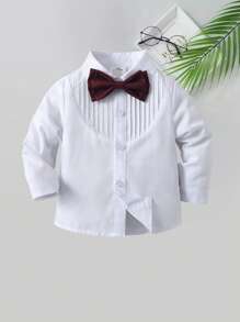 BOARNSEORL 2pcs Baby Boys Gentleman Outfit, Long Sleeve Shirt With Bow Tie And Suspender Pants, Fashionable, Suitable For Wedding, Party, Birthday, Anniversary - Burgundy - View 4
