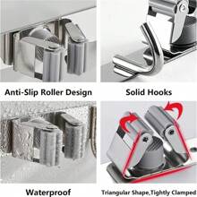 1pc Wall Mount Mop And Broom Holder, Stainless Steel Self Adhesive Shelf, Cleaning Tool Organizer, Broom Hanger For Home Bathroom - Silver - View 3