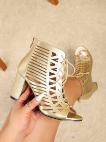 Wide Fit Women Gold Ankle Boots, New Fashion Versatile Spring/Summer Open Toe High Heel Lace-Up Hollow Sandals, Outdoor Comfortable Plus Size Thick Heel Breathable Short Boots