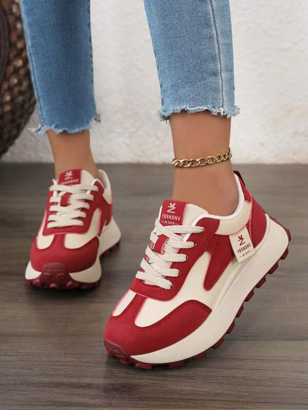 2025 New Arrival Thick Sole Lace-Up Color Block Casual Sneakers, Breathable Women Autumn Athletic Shoes