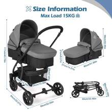 Pram Pushchair Travel System Stroller Foldable Lightweight With Rain Cover And Footmuff, Carrycot, Convertible To Reversible Seat, Lying Position, Lying Function, From Birth To 3 Years, Grey - Dark Grey - View 2