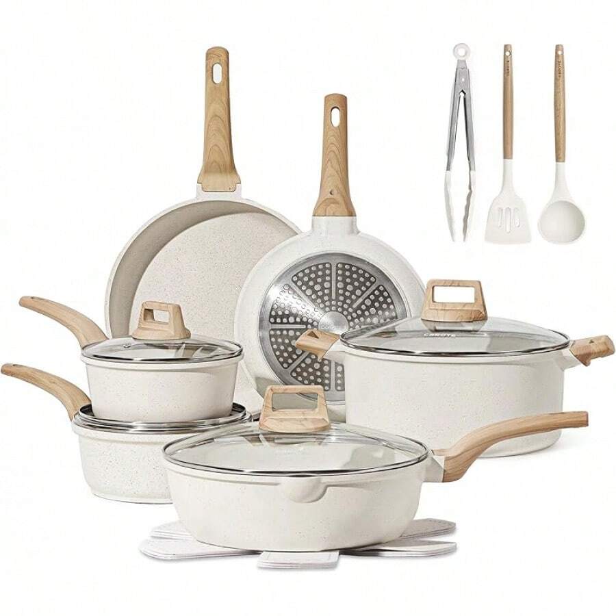 Pots And Pans Set Nonstick, White Granite Induction Kitchen Cookware Set, 10 Pcs Non Stick Cooking Set W/Frying Pans & Saucepans(, Free) - 白色 - 查看 1