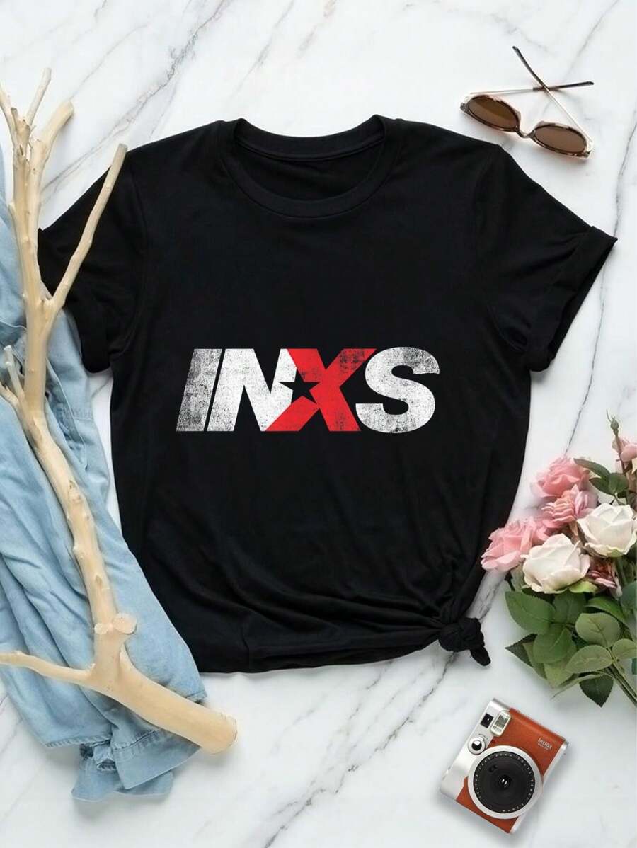 Official INXS Lovers T-Shirt Vintage Logo Music Tee For Women - Black - View 1