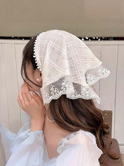 1pc Bandana Lace Lace Headscarf Vintage Triangle Scarf French Streamer Headband Sunblock Bun Hat Silk Scarf Women's Headscarf Hat, Pastoral Elegant Headband, Lace Edge Hair Accessories For Dress