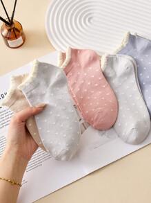 4 双女士彩色荷叶边圆点踝袜，隐形袜，透气舒适，适合春夏和秋季，颜色随机，街头休闲时尚袜子