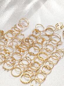 64pcs Fashionable, Elegant, Minimalist Precise Love, Butterfly, Leaf, Geometric, Faux Pearl, Rhinestone, Wavy, 8-Shaped, Infinity, Round Metal Rings Set, Multi-Layer Wide Band, Holiday, Party, Daily Wear, Gift - Yellow Gold - View 5