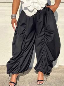 Plus Size Women Pocket Elastic Waist Drawstring Pants Ladies Ruffle Frill Wide Leg Cargo Combat Hippied Trousers Workwear Bottoms - Black - View 3